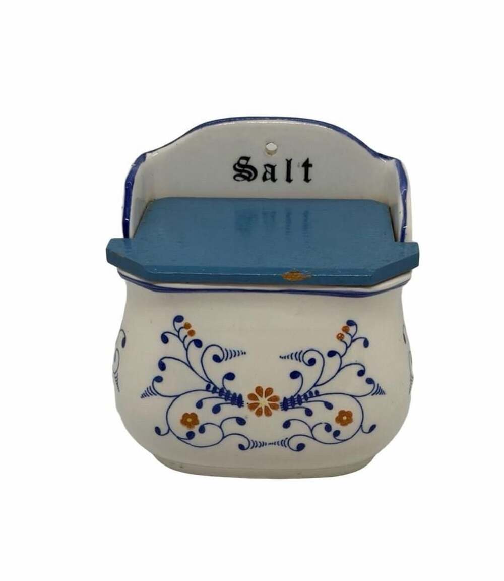 Royal Sealy Heritage Salt Box Ceramic Blue Onion Wood Lid Vintage 1950s